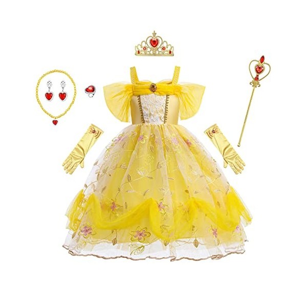 IBAKOM Déguisement Princesse Belle Enfants Filles Costume Halloween Carnaval Noël Cosplay Fête Anniversaire Hors Épaule Brodé