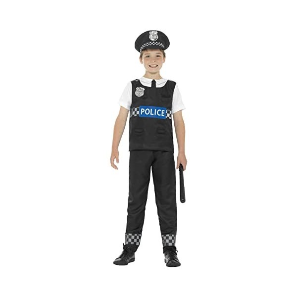 Smiffys Déguisement Enfant, Policier, avec haut, pantalon et casquette, Noir/Blanc, 12-14 ans