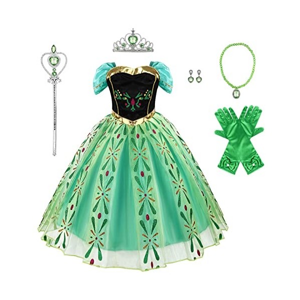 Discoball Robe de princesse Anna pour fille - Costume de costumade pour Halloween, Noël, fête danniversaire - Robe de couron
