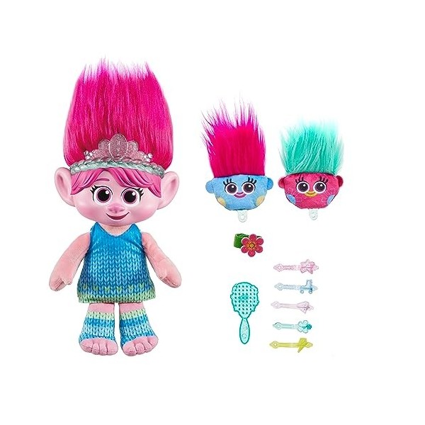 Trolls - Les Trolls 3, Peluche Poppy Surprise avec 2 Hair Pops et 3 Accessoires, avec Lumières Et Sons, Hauteur 35,5 Cm, Joue