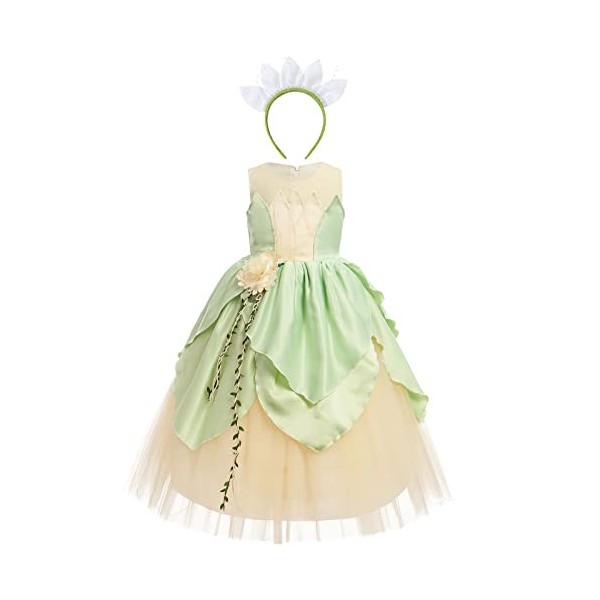 Robe de Princesse Tiana Fille Déguisement Princesse Grenouille Costume Verte Robe avec Bandeau Set pour Enfants Cosplay Hallo