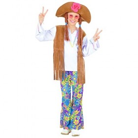 "WOODSTOCK HIPPIE GIRL" shirt with vest, pants, hat with hair - 158 cm / 11-13 Years 