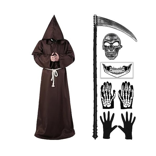 Costume de moine, costume dHalloween moine prêtre robe avec capuche médiévale pour homme avec collier croix, ceinture, faux,