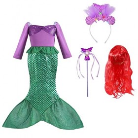 ZUCOS Filles Sirène Princesse Robes Anniversaire Fête Halloween Cosplay Costumes Ensemble Perruque et Bandeau Light-up Manch
