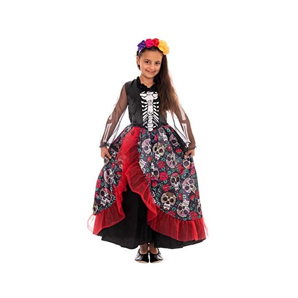 Magicoo Costume de squelette mexicain, pour Halloween, pour enfant fille avec robe & serre-tête – Taille 110 à 140 – Costume 