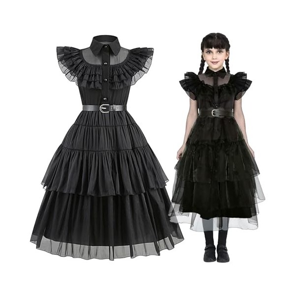 qingfeitai Costume Mercredi Addams Enfant, Robe Mercredi Addams avec Ceinture, Collier, Gants, Boucles Doreilles, Chaussette