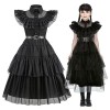 qingfeitai Costume Mercredi Addams Enfant, Robe Mercredi Addams avec Ceinture, Collier, Gants, Boucles Doreilles, Chaussette