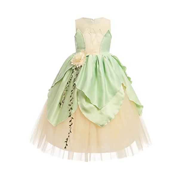 Robe de Princesse Tiana Fille Déguisement Princesse Grenouille Costume Verte Robe avec Bandeau Set pour Enfants Cosplay Hallo