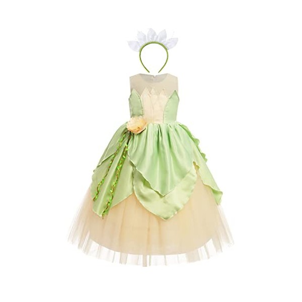 IBAKOM Enfants Filles Déguisements Princesse Tiana Costume Robe Halloween Carnaval Cosplay Tenues Anniversaire Conte Fées Jeu