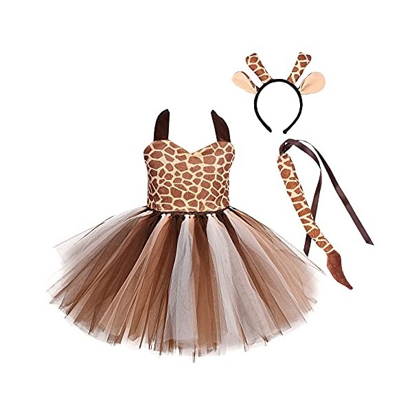 OBEEII 3pièces Tenue de Animaux Déguisement Fille Enfant Léopard/Girafe/Zèbre/Tigre/Vaches Tutu Princesse Robe Cosplay Carnav