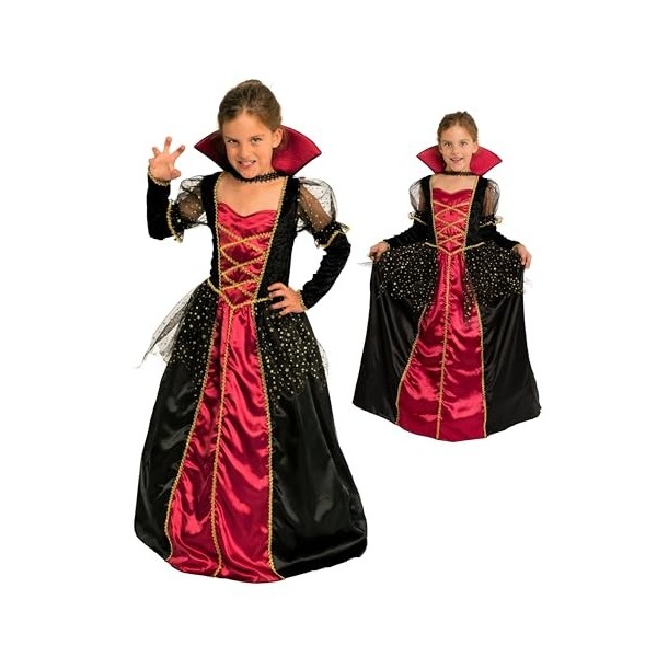 Magicoo Costume de princesse vampire pour filles Halloween Rouge et noir – Déguisement enfant fille robe & col, 5-6 ans 110-