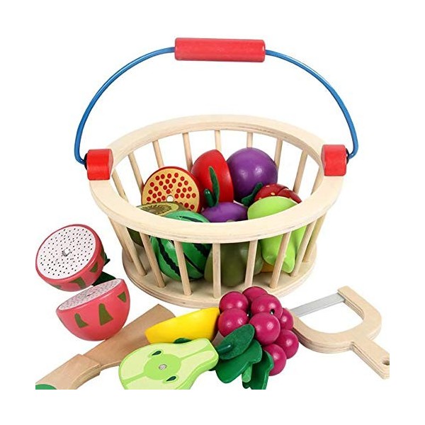 XLY Jeu de Cuisine en Bois Imitation, 14 pièces Jouets pour la Coupe de Fruits et légumes Panier - Jouets éducatifs pour Les 