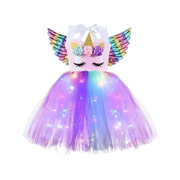 inlzdz Enfants Filles Robe Licorne Déguisement de Princesse Fée Tutu Robe avec Lumières LED Anniversaire Halloween Carnaval F