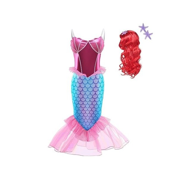Lito Angels Deguisement Robe Petite Sirene Princesse Ariel Costume avec Perruque pour Enfant Fille Taille 4-5 ans, Rose Numé
