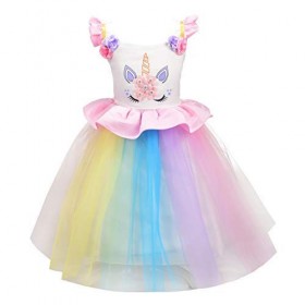 Lito Angels Robe de Princesse Licorne pour Enfant Filles, Anniversaire Fete Carnaval, Taille 4-5 ans, C - Rose Jaune Arc-en-C