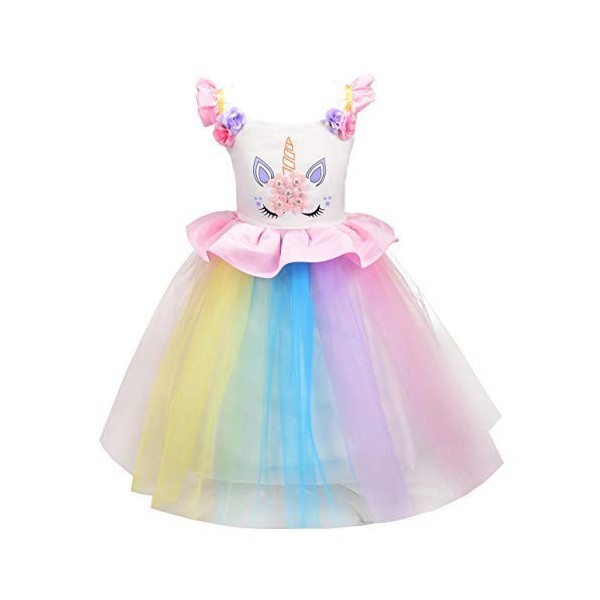 Lito Angels Robe de Princesse Licorne pour Enfant Filles, Anniversaire Fete Carnaval, Taille 4-5 ans, C - Rose Jaune Arc-en-C