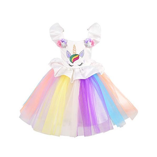 Lito Angels Robe de Princesse Licorne pour Enfant Filles, Anniversaire Fete Carnaval, Taille 4-5 ans, C - Rose Jaune Arc-en-C