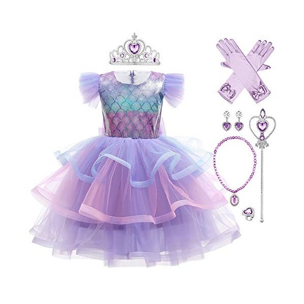 OBEEII Deguisement Robe Sirène Princesse Ariel pour Enfant Fille, Anniversaire Fete Halloween Costume Carnaval, Violet02 3-4 
