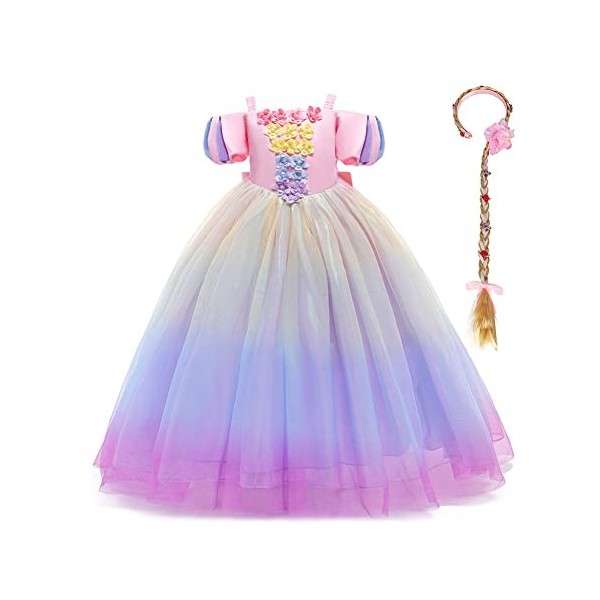 Costume de Raiponce pour enfant fille - Robe de princesse - Halloween - Noël - Carnaval - Fête danniversaire - Cosplay - Lon
