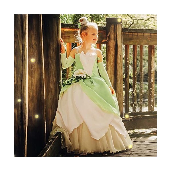 IDOPIP Deguisement Robe Princesse Tiana Enfant Fille, Costume Classique Princess and the Frog pour Anniversaire Fete Hallowee