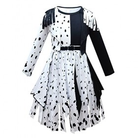Cruella Deville 101 Costume de dalmatien pour enfant fille avec robe, perruque, gants et barre 5 pièces pour Halloween, carna