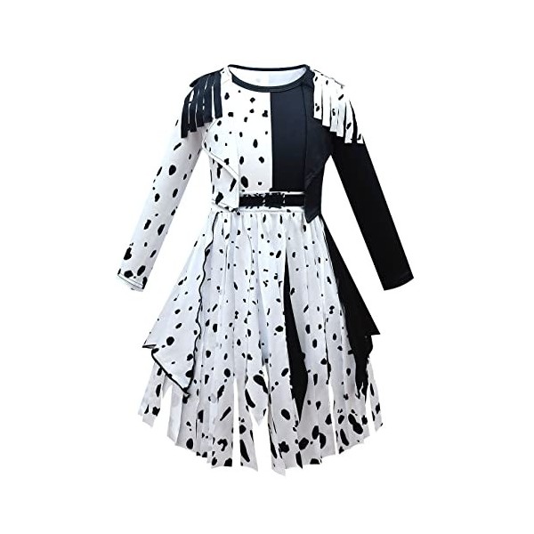 Cruella Deville 101 Costume de dalmatien pour enfant fille avec robe, perruque, gants et barre 5 pièces pour Halloween, carna