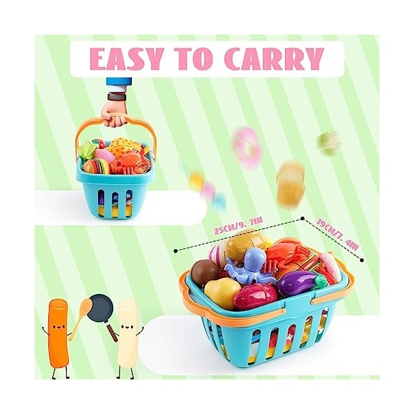 Lot de 61 jouets alimentaires pour enfants - Accessoires de cuisine pour fruits et légumes avec panier de rangement - Mini pl