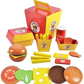 Tastak Simulation Fast Food Mdoel Set, Hamburger en Bois Frites Enfants Semblant Jouer Jouet Jouet éducatif précoce Vacances 