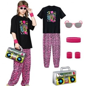 Alaiyaky Costume hippie pour homme - Costume hippie des années 80 - Avec t-shirt et pantalon sarouel - Lunettes - Bandeau - B