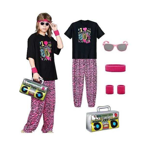 Alaiyaky Costume hippie pour homme - Costume hippie des années 80 - Avec t-shirt et pantalon sarouel - Lunettes - Bandeau - B