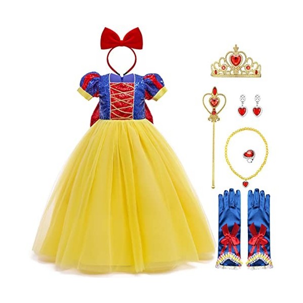 IMEKIS Enfant Filles Blanche-Neige Costume Princesse Halloween Cosplay Habillage De Noël Paillette Robe En Tulle Avec Accesso