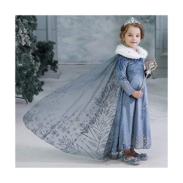 Eleasica Filles Cosplay Robe de Princesse Elsa Manches Longues Reine des Neiges Robe Longue Costume de Robe Bleu Chaude Doux 