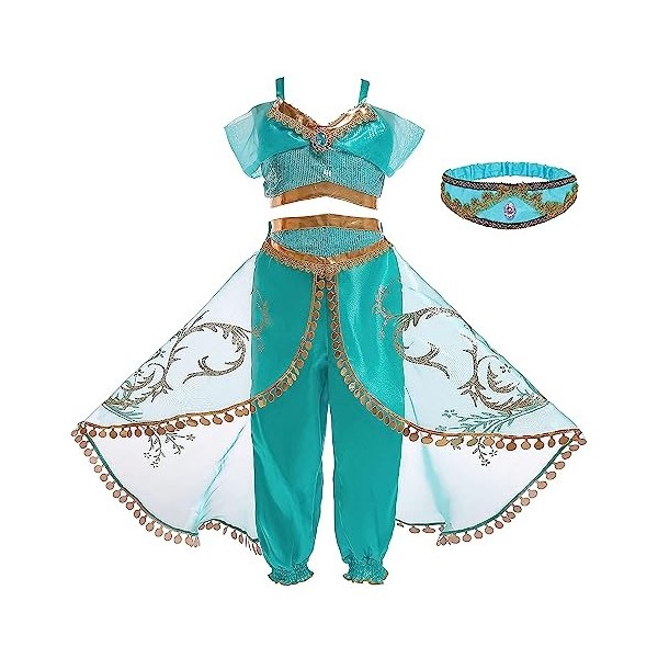 Monissy Fille Aladdin Déguisement Pour Enfant Princesse Jasmine Robe de Princesse avec Bandeau Perruque Pantalons Top Costume