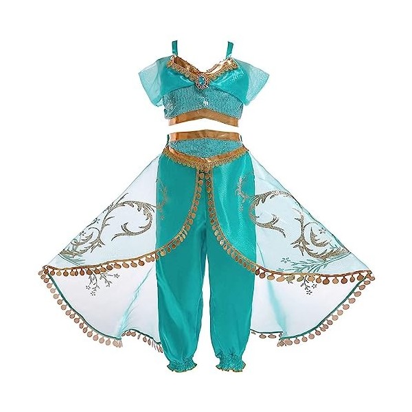 Monissy Fille Aladdin Déguisement Pour Enfant Princesse Jasmine Robe de Princesse avec Bandeau Perruque Pantalons Top Costume