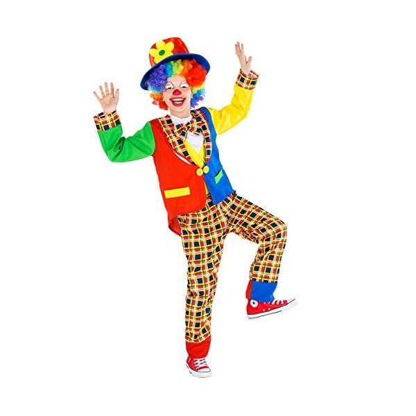 dressforfun Déguisement pour enfant/ado Clown | magnifique costume bariolé + chapeau mou avec des appliqués de fleurs | arleq
