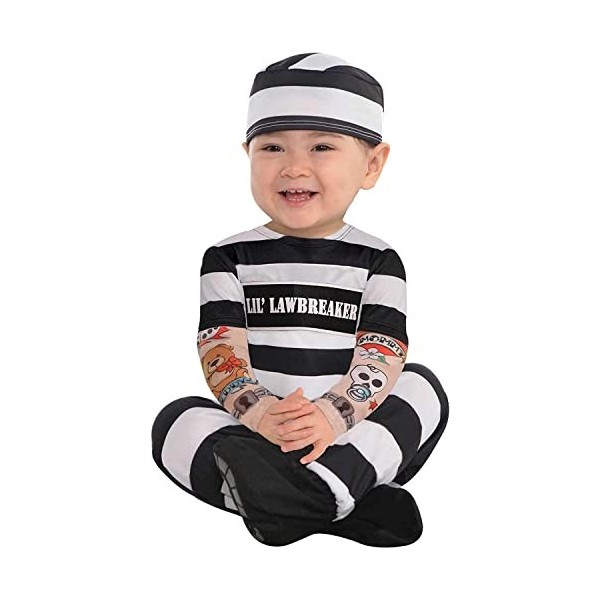 amscan Costume de petit prisonnier avec chapeau et manches effet tatouage - 12-24 mois - 846805-55, Noir