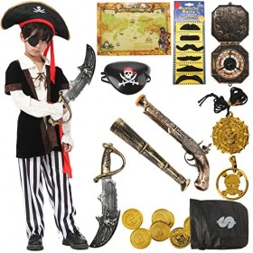 G036S Costume de pirate pour enfant garçon 12 pièces de luxe Accessoires de pirate Chapeau cache-yeux Moustache Costume de pi