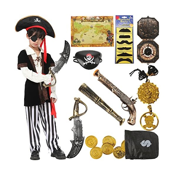 G036S Costume de pirate pour enfant garçon 12 pièces de luxe Accessoires de pirate Chapeau cache-yeux Moustache Costume de pi