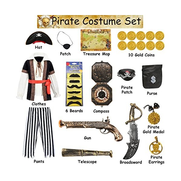 G036S Costume de pirate pour enfant garçon 12 pièces de luxe Accessoires de pirate Chapeau cache-yeux Moustache Costume de pi