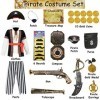 G036S Costume de pirate pour enfant garçon 12 pièces de luxe Accessoires de pirate Chapeau cache-yeux Moustache Costume de pi