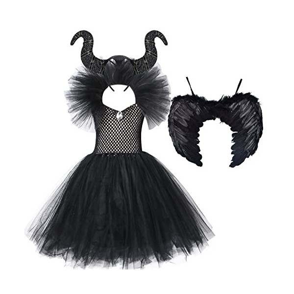 IMEKIS Enfant Filles Princesse Maléfique Costume Halloween Méchante Reine Habiller Fantaisie Robe en Tulle Avec Corne et Aile