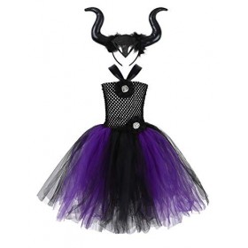 inhzoy Enfant Fille Déguisement Vampire Sorcière Cosplay Méchante Reine Tulle Robe de Soirée avec Bandeau de Cornes Robe de P