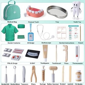 Malette Docteur Enfant, Malette Dentiste Docteur Jouet en Bois avec Véritable Stéthoscope, Déguisement Docteur, Poupée de Den