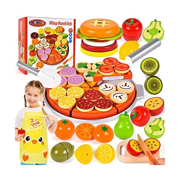 Atoylink Dinette Enfant en Bois Fruit et Legume Jouet a Decouper Pizza Hamburger Tablier Accessoire Cuisine Enfant Jouet en B