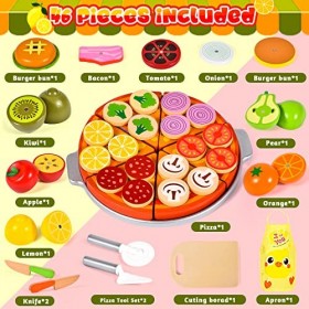 Atoylink Dinette Enfant en Bois Fruit et Legume Jouet a Decouper Pizza Hamburger Tablier Accessoire Cuisine Enfant Jouet en B