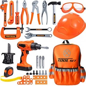 LATERN 32 Pièces Jouet Doutil de Construction pour Enfants, Inclus Sac à Dos Perceuse électrique Mandrin Scie Morceaux Casqu