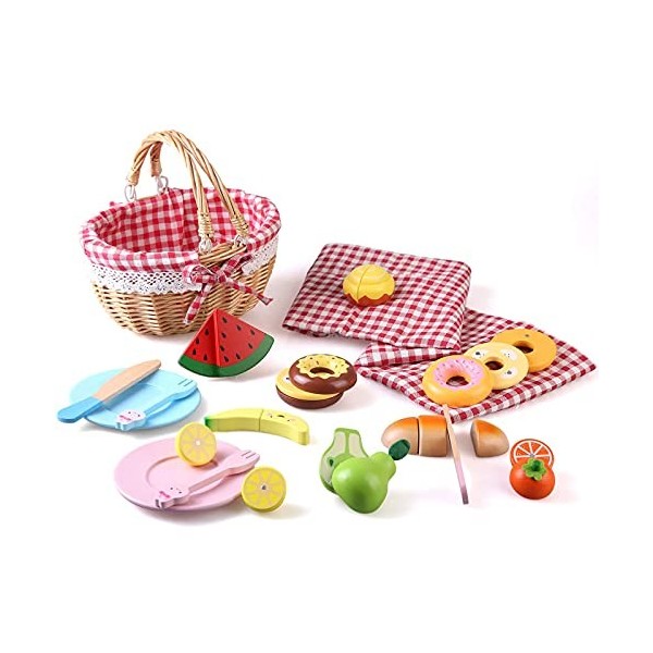 Veluoess Jouet de Pique-Nique en Bois,Jouet Dimitation Jouets Alimentaires avec Fruits Coupés Accessoires de Desserts Panier