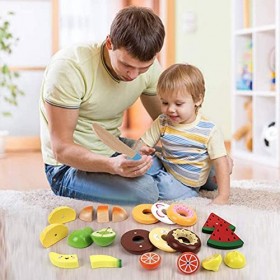 Veluoess Jouet de Pique-Nique en Bois,Jouet Dimitation Jouets Alimentaires avec Fruits Coupés Accessoires de Desserts Panier