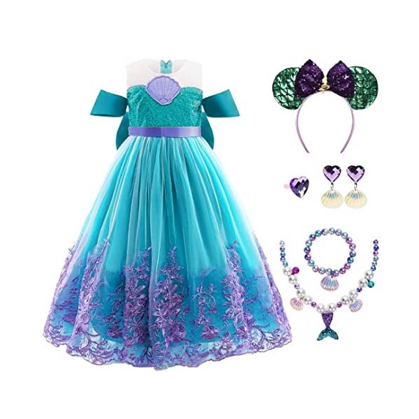 Tacobear Déguisement Sirène Filles Robe Sirène Costume Sirène Enfants Robe Princesse Sirène avec Bracelet Sirène Collier Jeu 