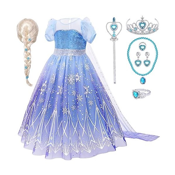 Deguisement Reine Des Neiges Fille avec Elsa Perruque Couronner Collier Bracelet Robe Reine Des Neiges Princesse Elsa Costume